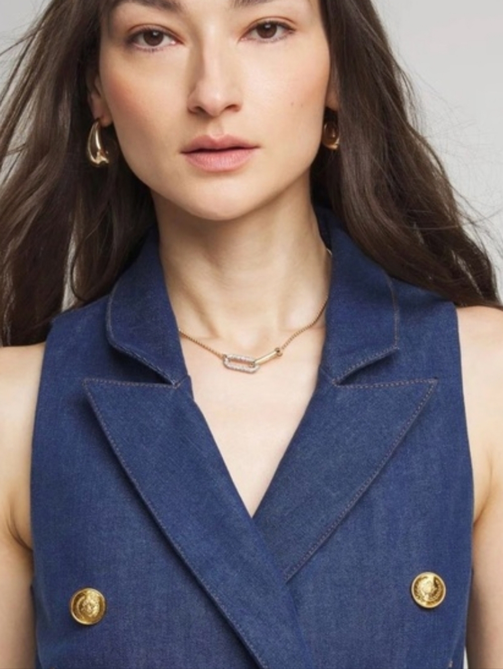 White House Black Market Dark Blue Denim Sleeveless Vest with Gold Buttons - Picture 3 of 11